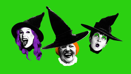 Three witches with creepy emotional faces, set against bright green background, capturing fun and...