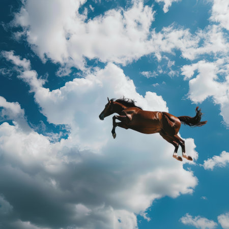 Horse captured mid-air against background of fluffy clouds, symbolizing power and grace of equestrian sport.の写真素材