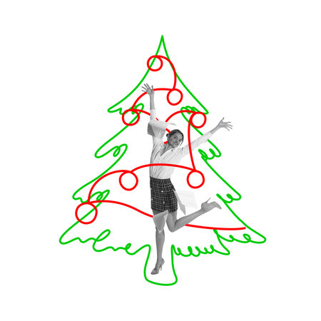 Happy smiling business woman standing inside Christmas tree doodle and celebrating finishing projects and upcoming holidays. Contemporary art collage.の写真素材