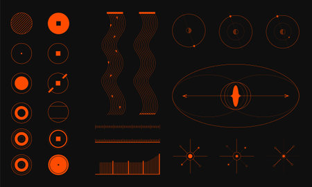 Orange scientific diagrams on black background, depicting atomic structures, waveforms, and particle...