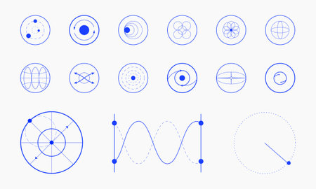 Collection of various geometric shapes, circles, lines, and curves, arranged in grid-like pattern, representing different scientific and mathematical concepts.のイラスト素材