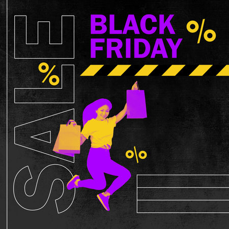 Colorful advertisement for Black Friday, woman jumping in excitement with shopping bags, surrounded by words and percentage symbols. Contemporary art collage.の写真素材