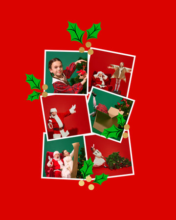 Christmas collage with girl, child and Santa, arranged on red background with holly accents, magic of Christmas holiday preparations. Contemporary art collage.の写真素材