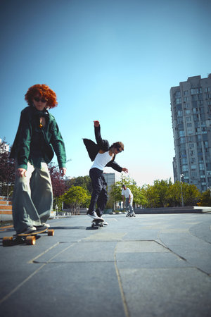 Burst of energy. Dynamic image of stylish men, skaters in motion in public place, park, training,...