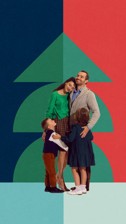 Family huddling together in sweet embrace, love and connection. Happiness of being together. Contemporary art collage in retro style.の写真素材