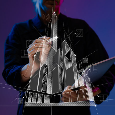 Professional sketching outline of towering skyscraper, illustrating intersection of real estate development and the business of urban expansion. Contemporary art collage.の写真素材