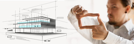 Focused architect framing project, emphasizing precision and vision in the real estate industry, transforming designs into reality. Contemporary art collage.の写真素材