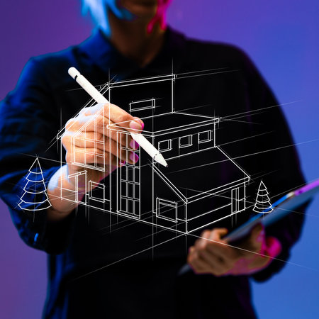 Professional outlines house with digital pen, emphasizing precision and creativity involved in real estate development and business solutions. Contemporary art collage.の写真素材