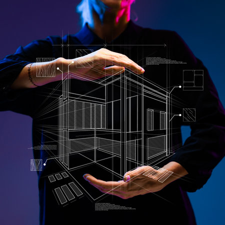 Hands holding holographic architectural blueprint, symbolizing real estate and business success, careful planning and innovative design. Contemporary art collage.の写真素材