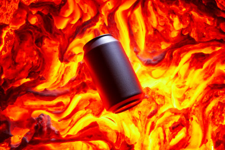 Aluminum can against colorful foliage, like fiery lava, creating surreal and visually striking image for drink promotion.の写真素材