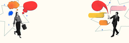 Woman walking confidently with briefcase, man talking on phone, both with colorful speech bubbles over head. Brainstorming and communication. Contemporary art collage.の写真素材