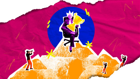 Confident woman holding trophy while sitting atop peak. Figures with binoculars look up to her, symbolizing vision, leadership, and ultimate success. Contemporary art collage.の写真素材