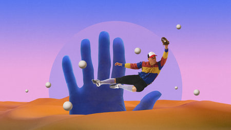 Male baseball player leaping through vast desert, giant blue hands emerging from sand, creating...