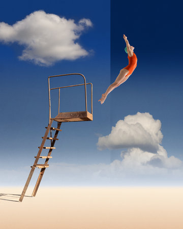 Diver into the Sky Young woman in red swimsuit and cap diving into minimalist sky setting from platform. Contemporary art collage.の写真素材