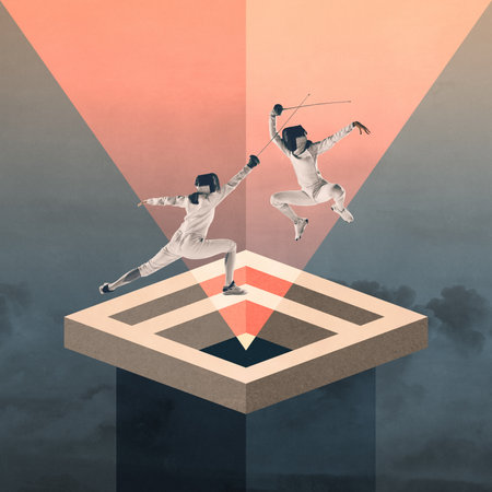 Two fencers duel on floating geometric platform, illuminated by beams of light against abstract background. Contemporary art collage.の写真素材