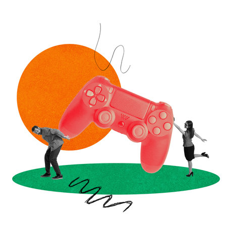 Gaming at Work. Man and woman, colleagues interacting with large game controller. Balancing work and...
