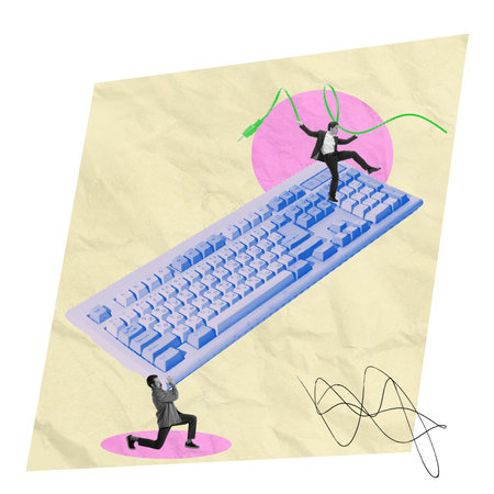 Businessman balancing on keyboard holding cables, while another holding it. Technology and productivity. Contemporary art collage.の写真素材