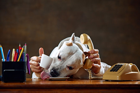 White dog wearing shirt, sitting at desk, holding phone to ear, and drinking from cup. Conversation with partnersの写真素材