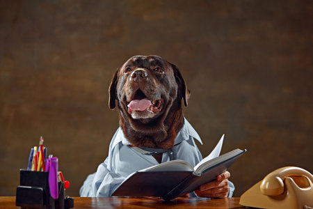Brown Labrador, dog wearing shirt, sitting at desk, holding notebook. Business strategy, deals, projectsの写真素材