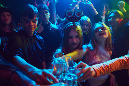 Cheers to festive time. Group of young people, students gathering at nightclub for Halloween...