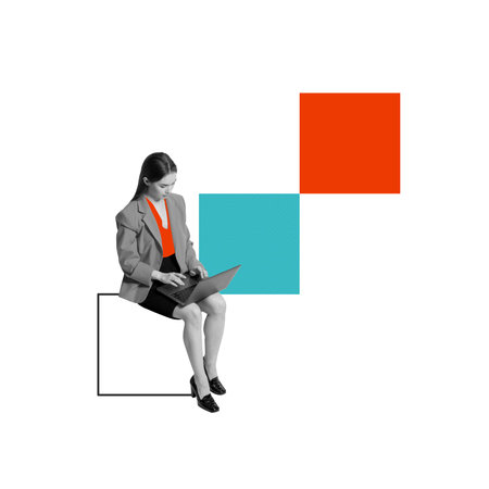 Woman working on laptop, surrounded by geometric blocks. Building careers through learning and digital tools. Contemporary art collage.の写真素材