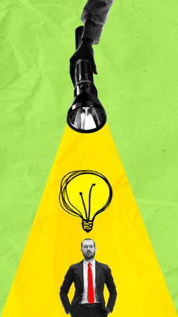 Spotlight shining on businessman with lightbulb overhead, illustrating new ideas and strategies for success. Contemporary art collage.の写真素材