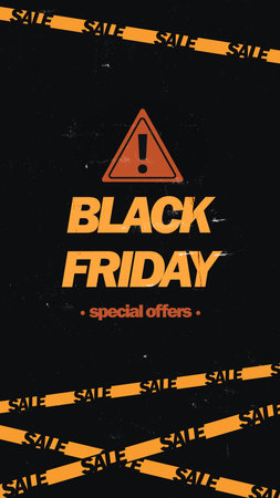 Black background with orange SALE stripes, warning sign, and text BLACK FRIDAY and phrase SPECIAL OFFERS.