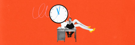 Man sitting at office desk with woman with clock head sitting in front of him. Personal assistant...