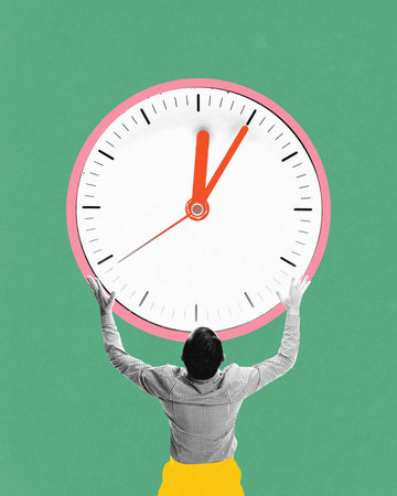 Man holding large clock up high, emphasizing weight of time in work setting. Pressure of deadlines....
