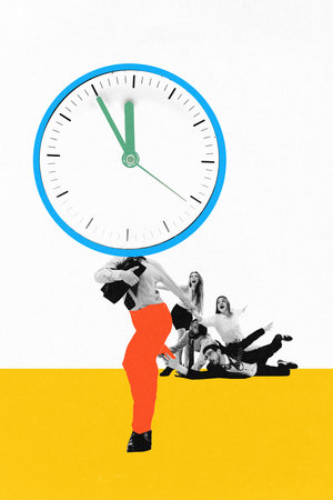 Businessman with clock on head rushing forward, pulling group of workers who appear to struggle to keep up, pressure of deadlines and schedules. Contemporary art collage.の写真素材