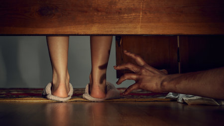 Male hand reaching out from under bed, grabbing at someones legs in chilling Halloween scene. Sense of fear and suspense.の写真素材