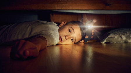 Little emotional boy, child lying on floor in bedroom and looking under bed with flashlight. Spooky horror season, fairy tales, imaginationの写真素材