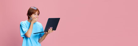 Young emotional girl looking on laptop screen with shocked face, covering mouth with hand against...