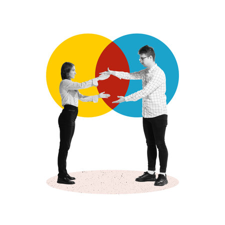 Colleagues, man and woman interacting with each other against colorful circles symbolizing well-coordinated cooperation, assistance and support. Contemporary art collage.の写真素材