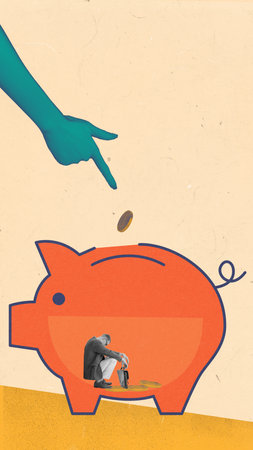Large hand dropping coin into piggy bank, where businessman sitting inside, dejected. Economic downturns and savings challenges. Contemporary art collage.の写真素材