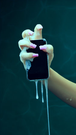 Female hand covered in slime, holding mobile phone against cyan green background. Social media, news, online servicesの写真素材