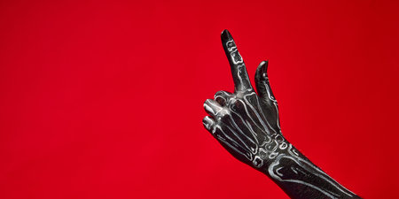 Skeletal hand gesturing against red background. Promotion of events, banners, flyer templates,...
