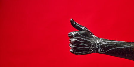 Skeletal hand gesturing against red background. Promotion of events, banners, flyer templates, horror movies.の写真素材