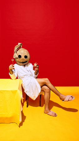 Man wearing creepy mask and bathrobe, sitting on chair with cocktail in one hand and creepy jelly eye in other against vibrant red backgroundの写真素材