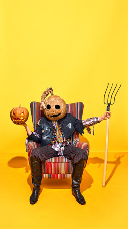 Terrifying character wearing creepy masks, ripped clothes, holding pitchfork and carved pumpkin against vivid yellow backgroundの写真素材