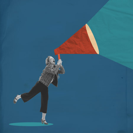 Woman looking into large flashlight, symbolizing innovative approaches, new ideas, communication and growth. Contemporary art collage.の写真素材