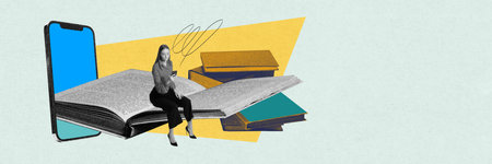 Woman sitting on open book emerging from large smartphone screen. Mobile learning and accessing...