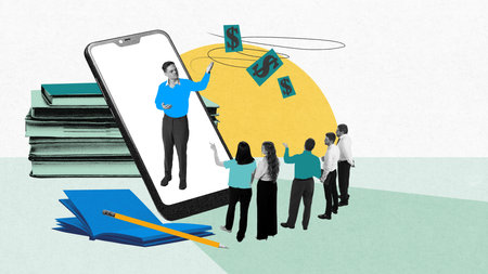 Group of people watching virtual teacher on smartphone who explains financial concepts. Remote...