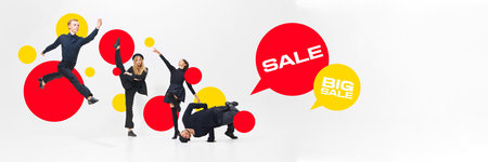 Big Sale Vibes. Four stylish people dancing surrounded by SALE bubbles in bold red and yellow. Creative design.の写真素材