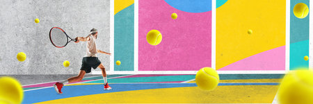 Dynamic tennis player playing with precision in front of colorful background, tennis balls in mid-flight around. Contemporary art collage.の写真素材
