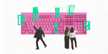 Team of professionals standing before giant keyboard, arranging letters to spell New Biz....