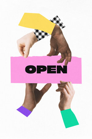 Hands holding up bright pink Open sign, symbolizing opening of new business ventures, new...
