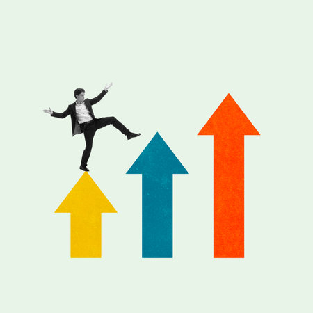 Businessman walking across rising arrows, showing balance of growth, challenges and success....