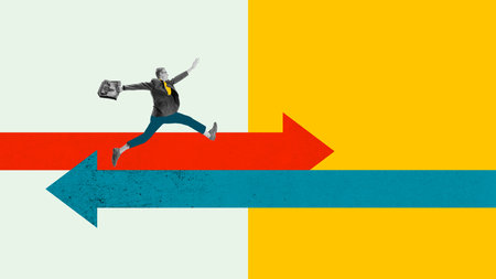 Man, employee running forward on multicolored arrows going different directions, symbolizing desire for professional growth and progress. Contemporary art collage.の写真素材