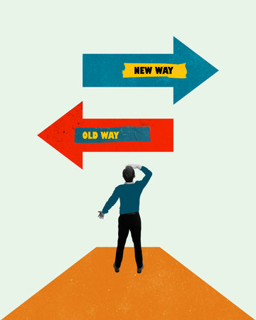 Man choosing between new way and old way arrows, looking ahead, showing choice of business path and...
